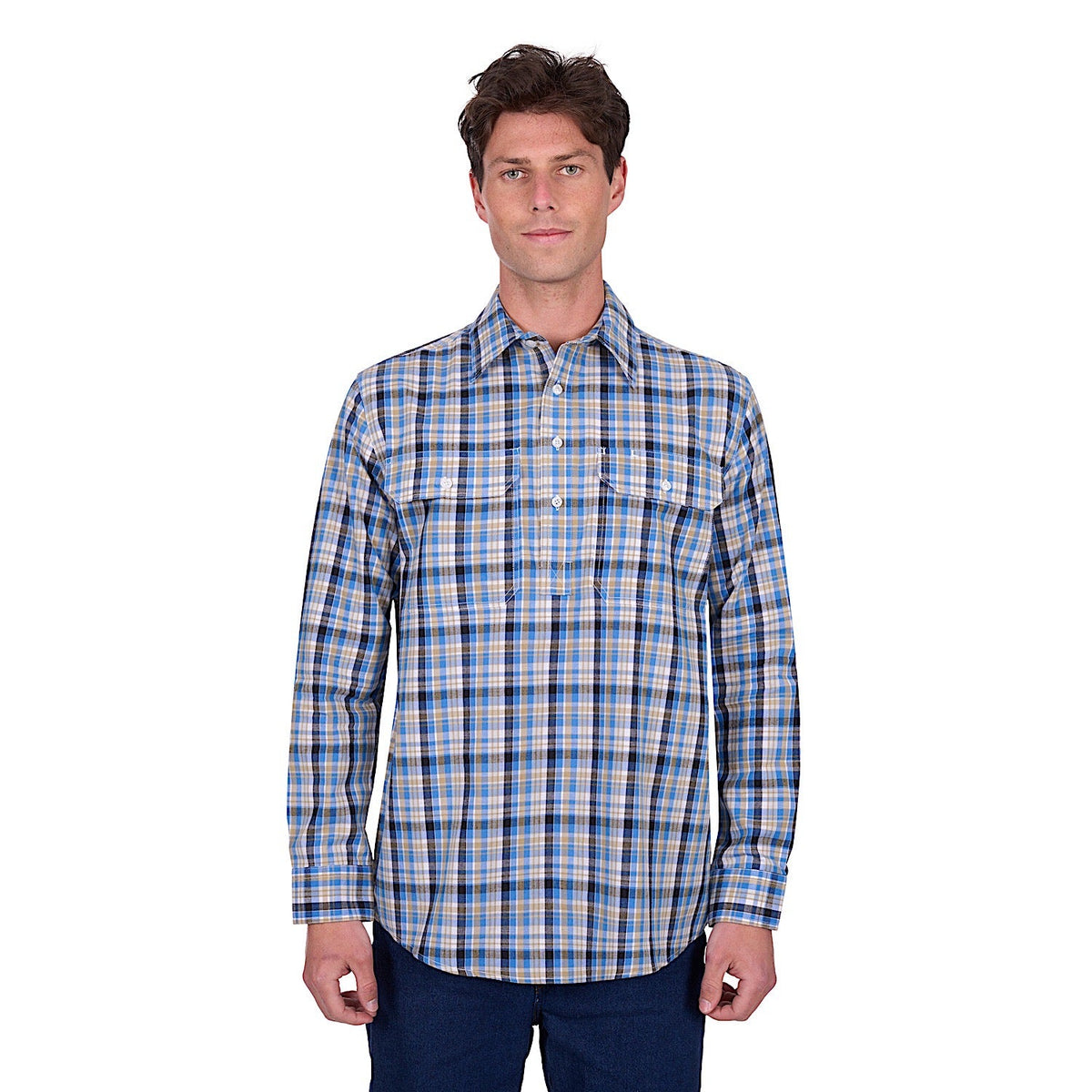 Hard Slog Men’s Gibson Half Placket Long Sleeve Shirt - Blue/Tan
