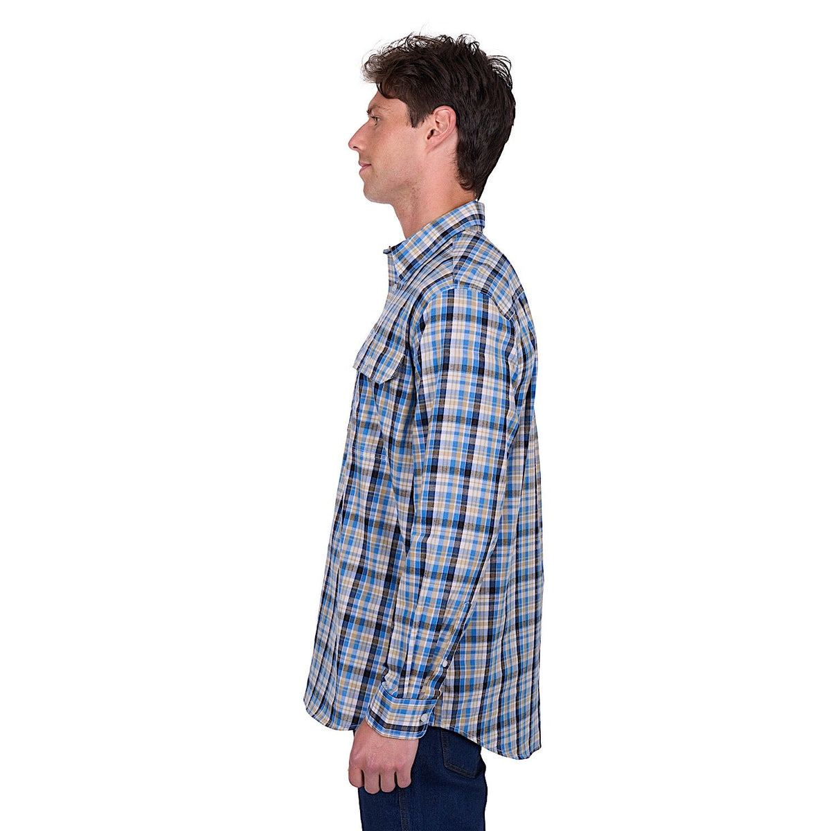 Hard Slog Men’s Gibson Half Placket Long Sleeve Shirt - Blue/Tan