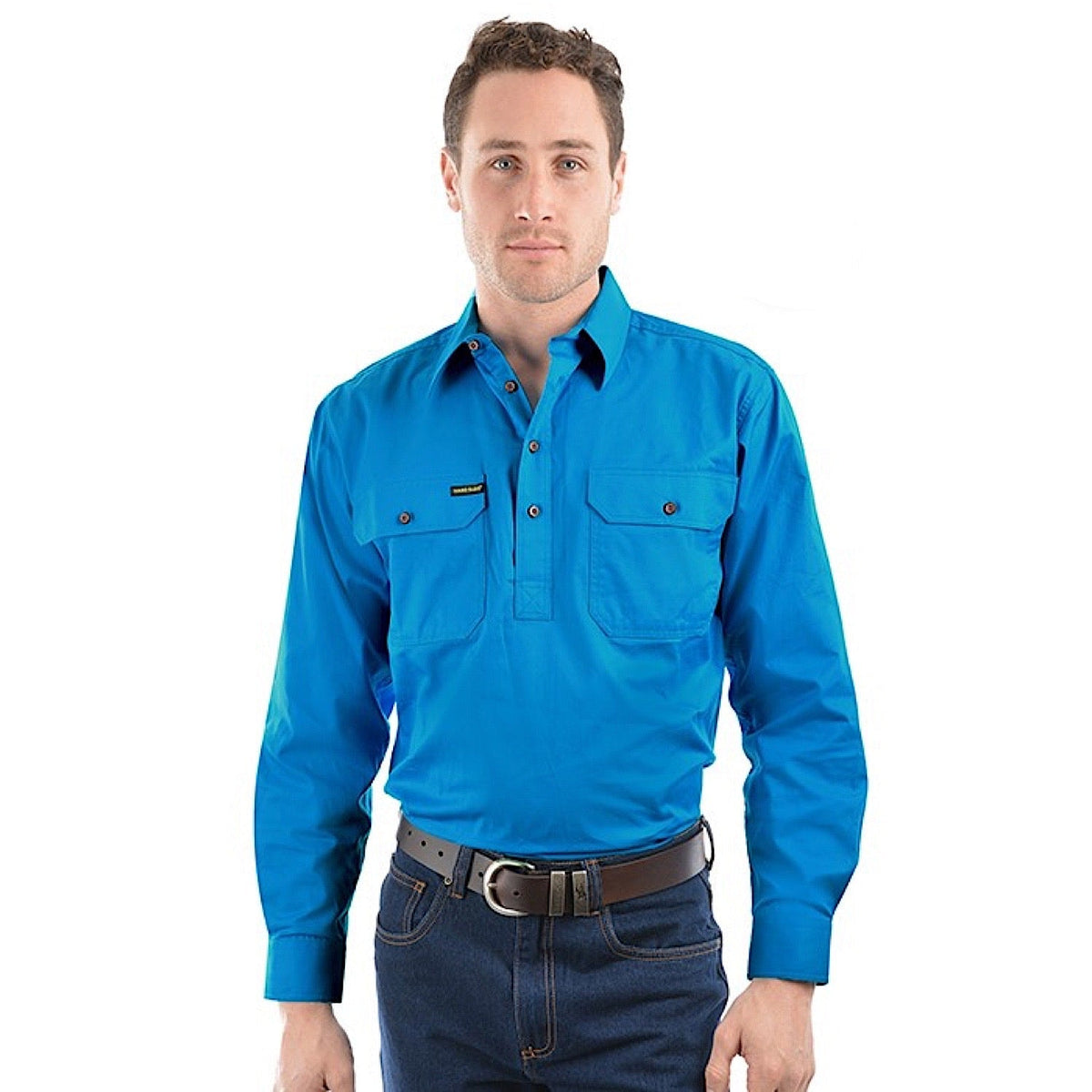 Hard Slog Men’s Half Placket Light Cotton Long Sleeve Shirt - Bright Blue