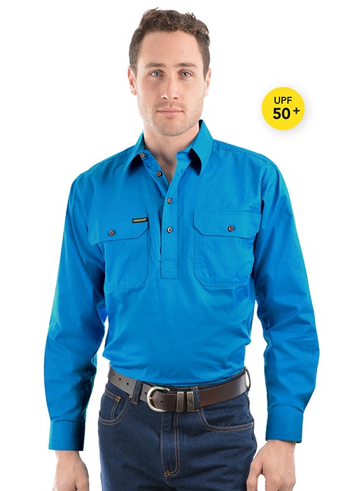 Hard Slog Men’s Half Placket Light Cotton Long Sleeve Shirt Bright Blue