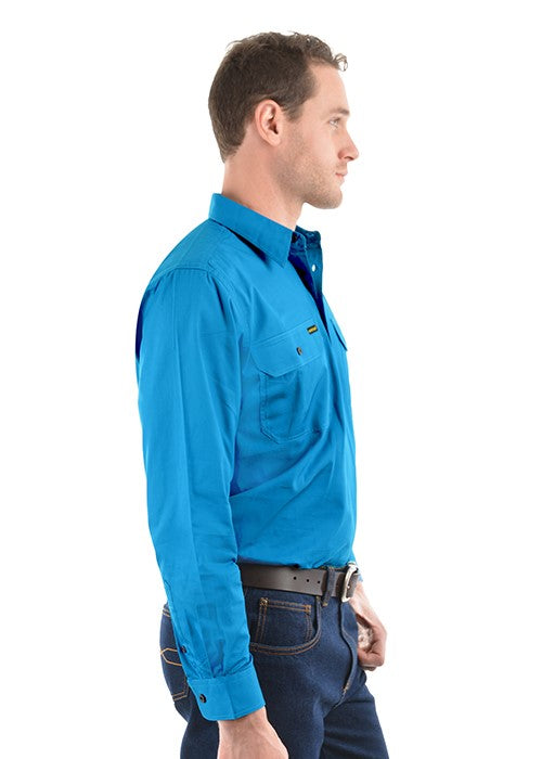 Hard Slog Men’s Half Placket Light Cotton Long Sleeve Shirt Bright Blue