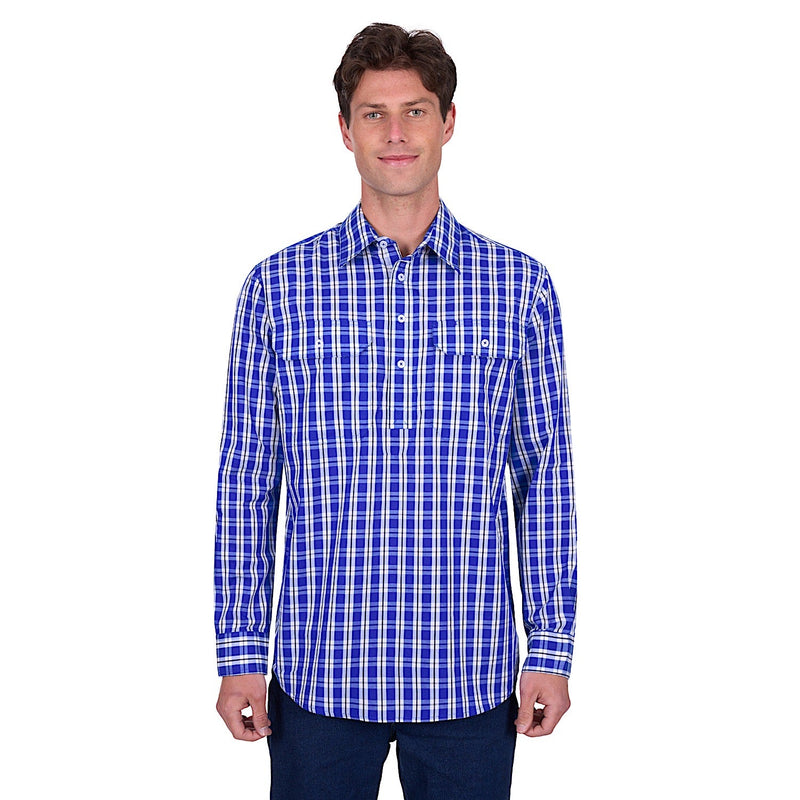 Hard Slog Men’s Levers Half Placket Long Sleeve Shirt - Royal/White