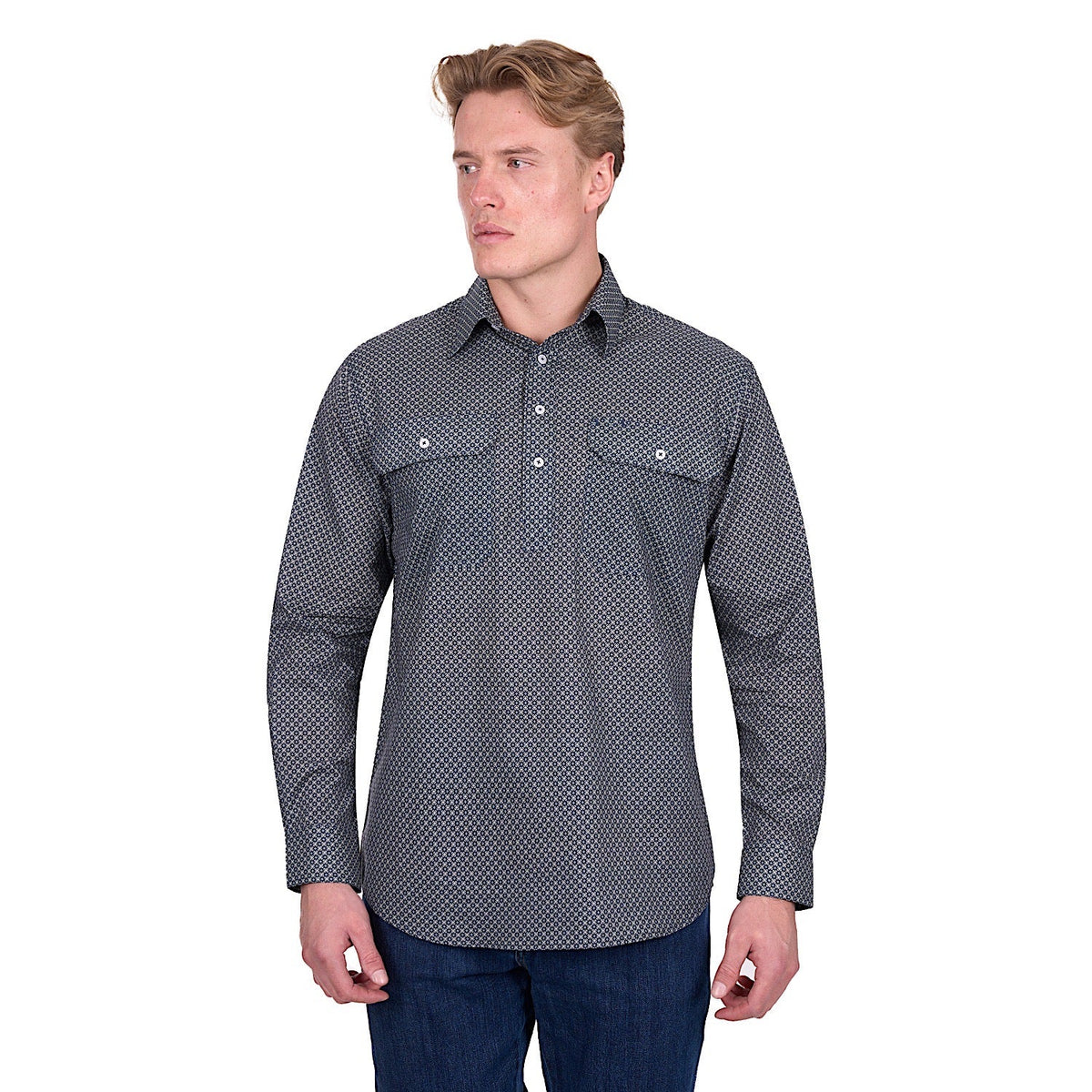 Hard Slog Men’s Tomson Half Placket Long Sleeve Shirt - Navy/Tan