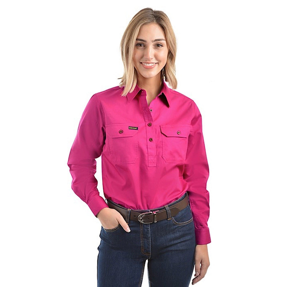 Hard Slog Women’s Half Placket Light Cotton Shirt - Bright Pink