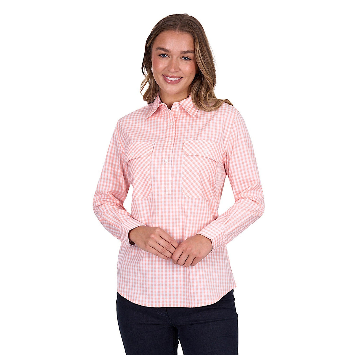 Hard Slog Women’s Jen Half Placket Long Sleeve Shirt - Coral