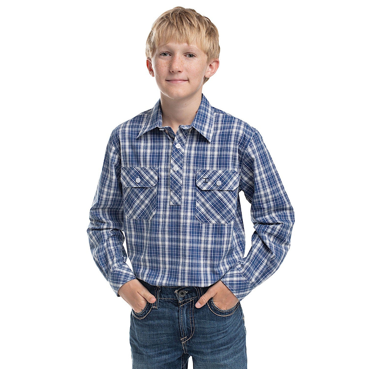 Just Country Boy’s Brayden Half Button Plaid Workshirt - Royal Blue & White Plaid