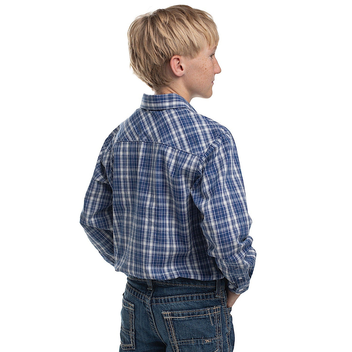 Just Country Boy’s Brayden Half Button Plaid Workshirt - Royal Blue & White Plaid