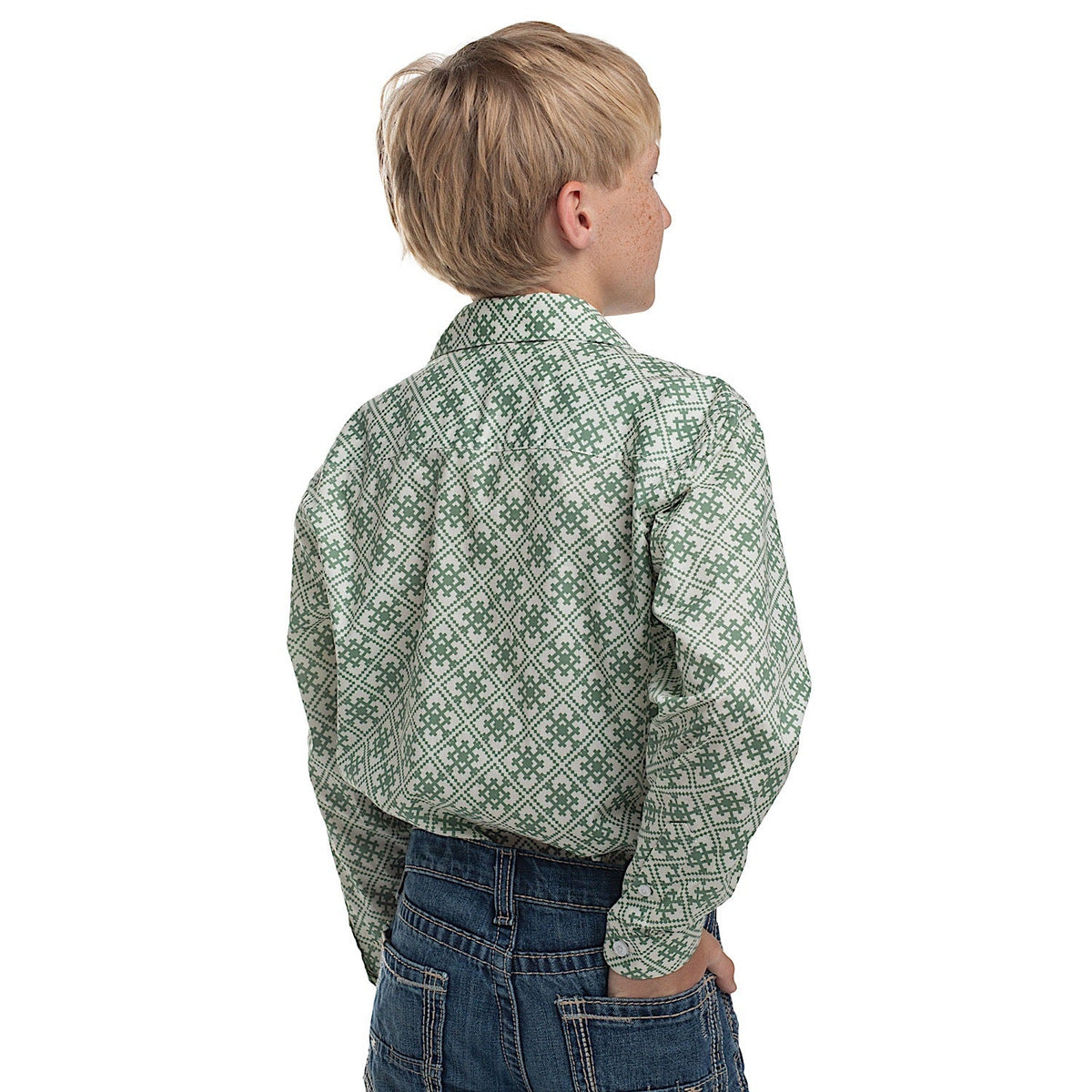 Just Country Boy’s Brayden Half Button Print Workshirt - White/Eucalyptus Tile Print