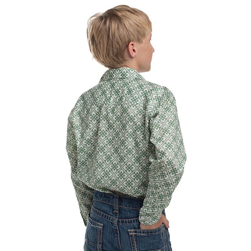 Just Country Boy’s Brayden Half Button Print Workshirt - White/Eucalyptus Tile Print