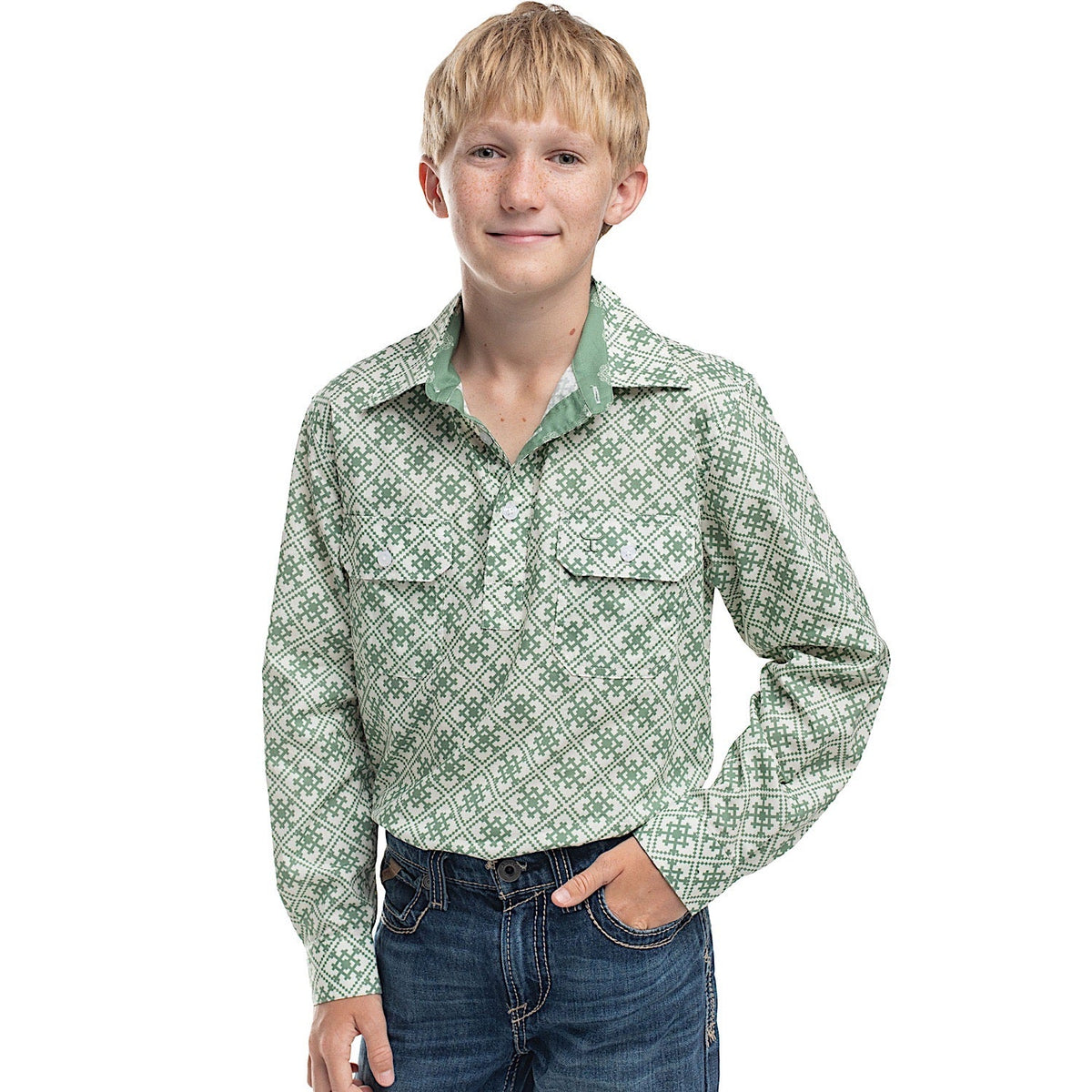 Just Country Boy’s Brayden Half Button Print Workshirt - White/Eucalyptus Tile Print