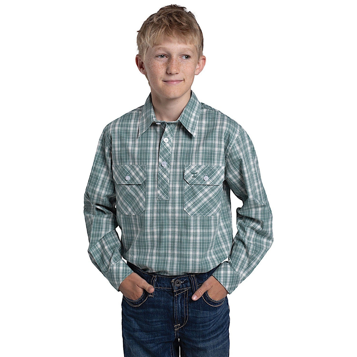 Just Country Boy’s Brayden Half Button Print Workshirt - Plaid Deep Sage Green / White