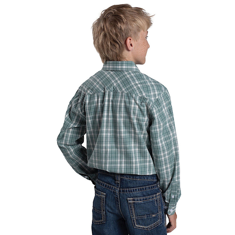 Just Country Boy’s Brayden Half Button Print Workshirt - Plaid Deep Sage Green / White