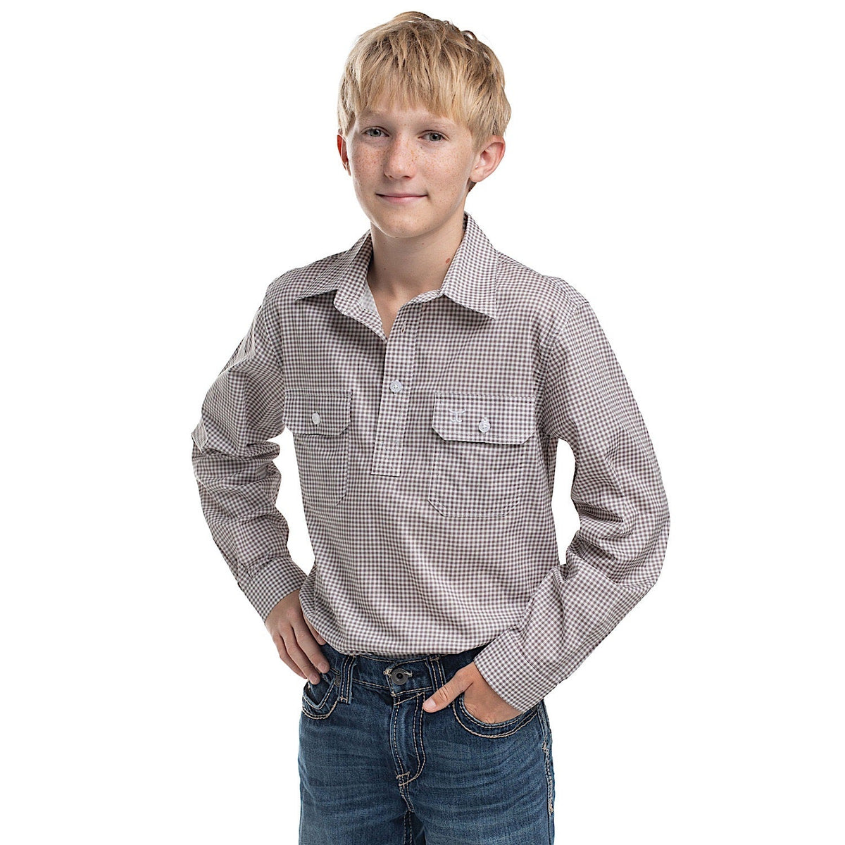 Just Country Boy’s Brayden Half Button Print Workshirt - Smoke Grey/White Mini Check