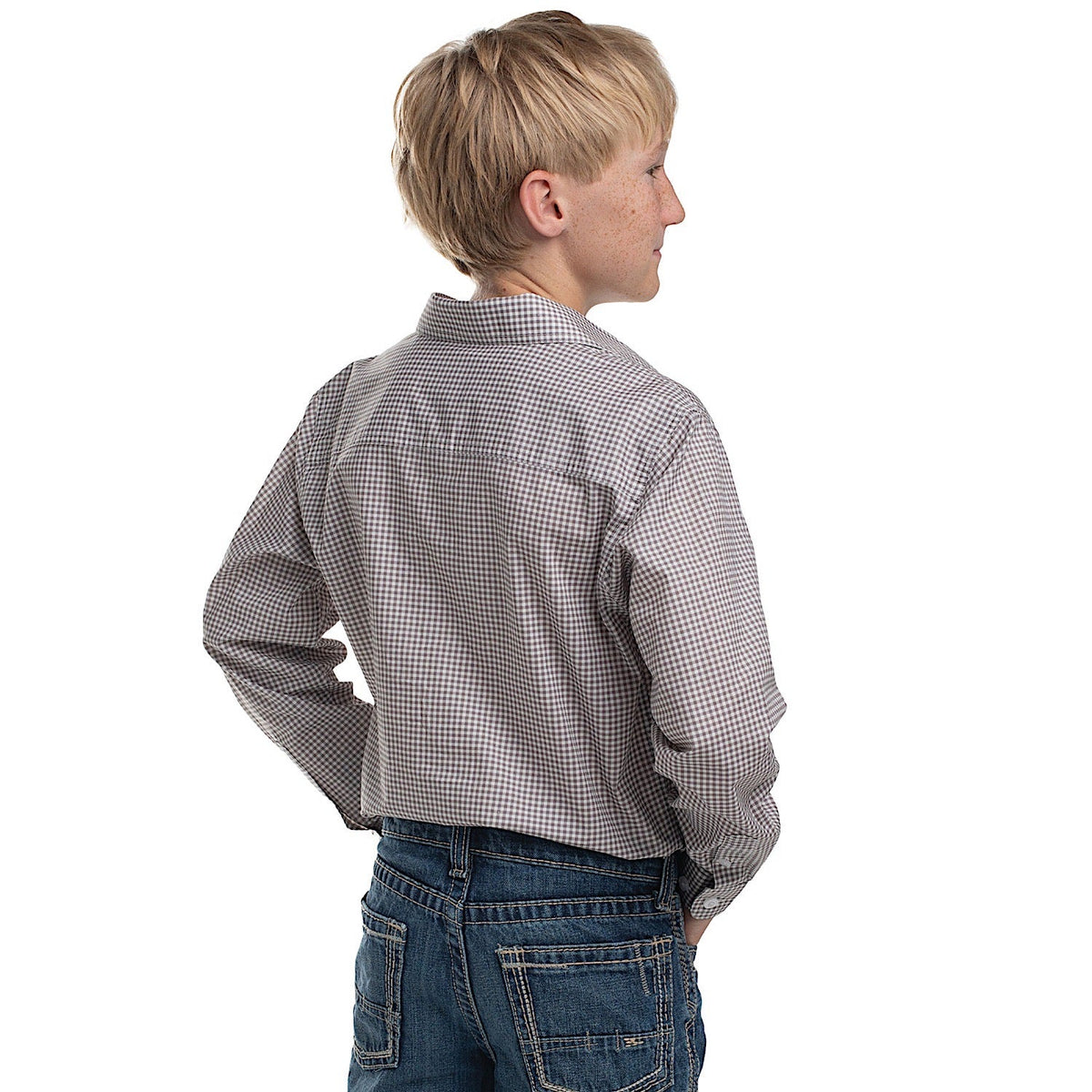 Just Country Boy’s Brayden Half Button Print Workshirt - Smoke Grey/White Mini Check