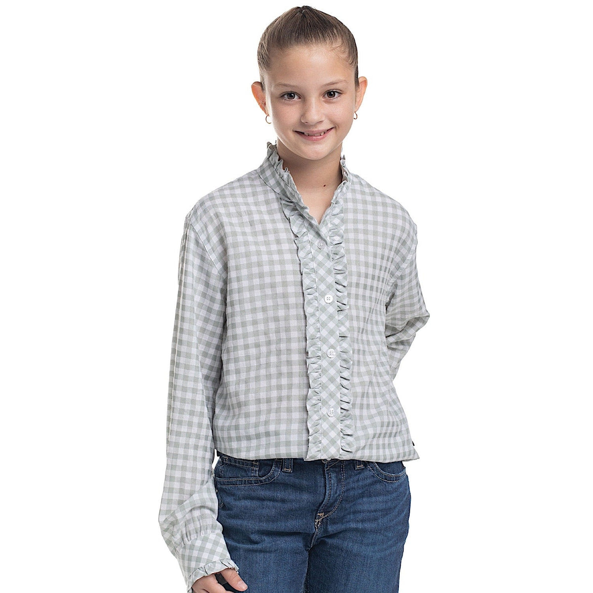 Just Country Girl’s Gracie Frills Full Button Check Workshirt - Sage/White Check