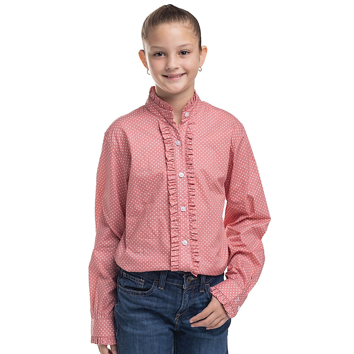 Just Country Girl’s Gracie Frills Full Button Print Workshirt - Rosewater/White Mini Spots