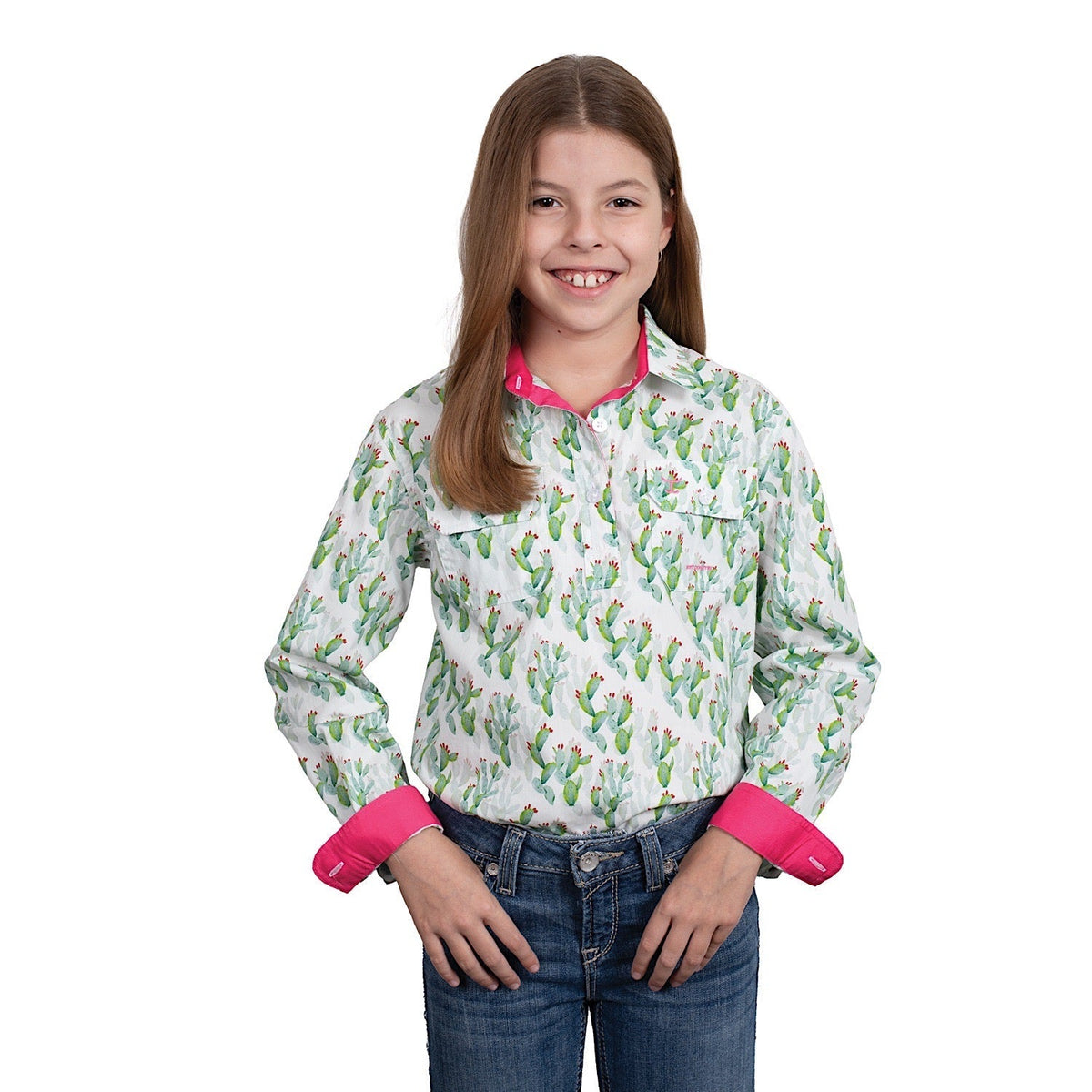 Just Country Girls’ Harper Half Button Print Work Shirt - White Cactus