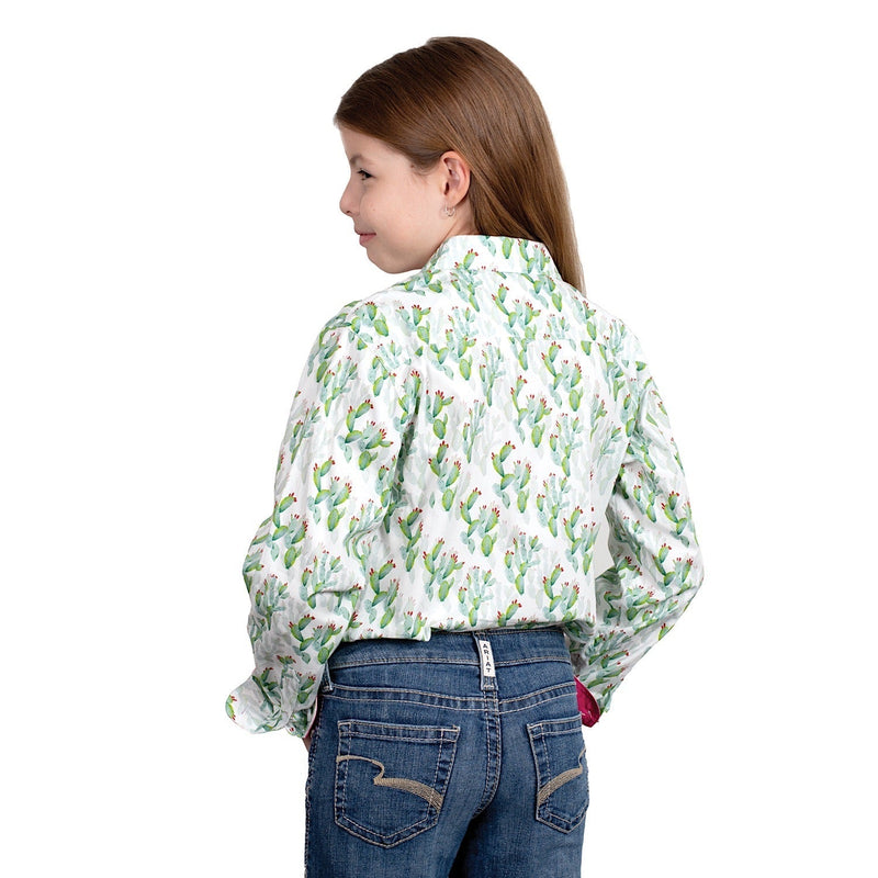 Just Country Girls’ Harper Half Button Print Work Shirt - White Cactus