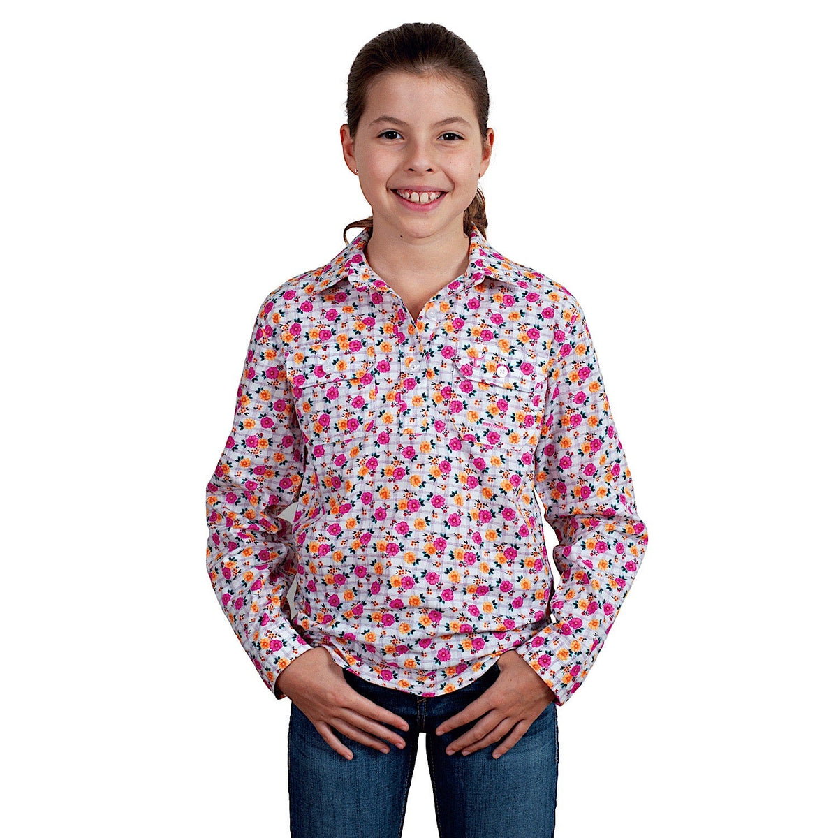 Just Country Girl’s Harper Half Button Print Work Shirt - White Lattice