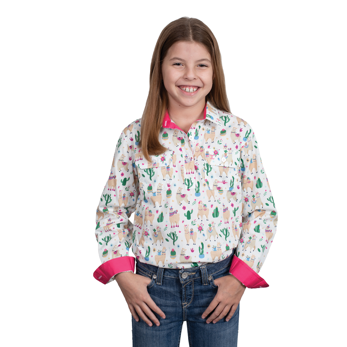 Just Country Girl’s Harper Half Button Print Work Shirt - White Llamas