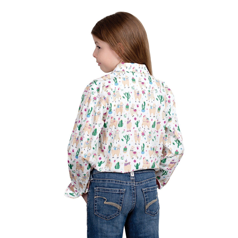 Just Country Girl’s Harper Half Button Print Work Shirt - White Llamas