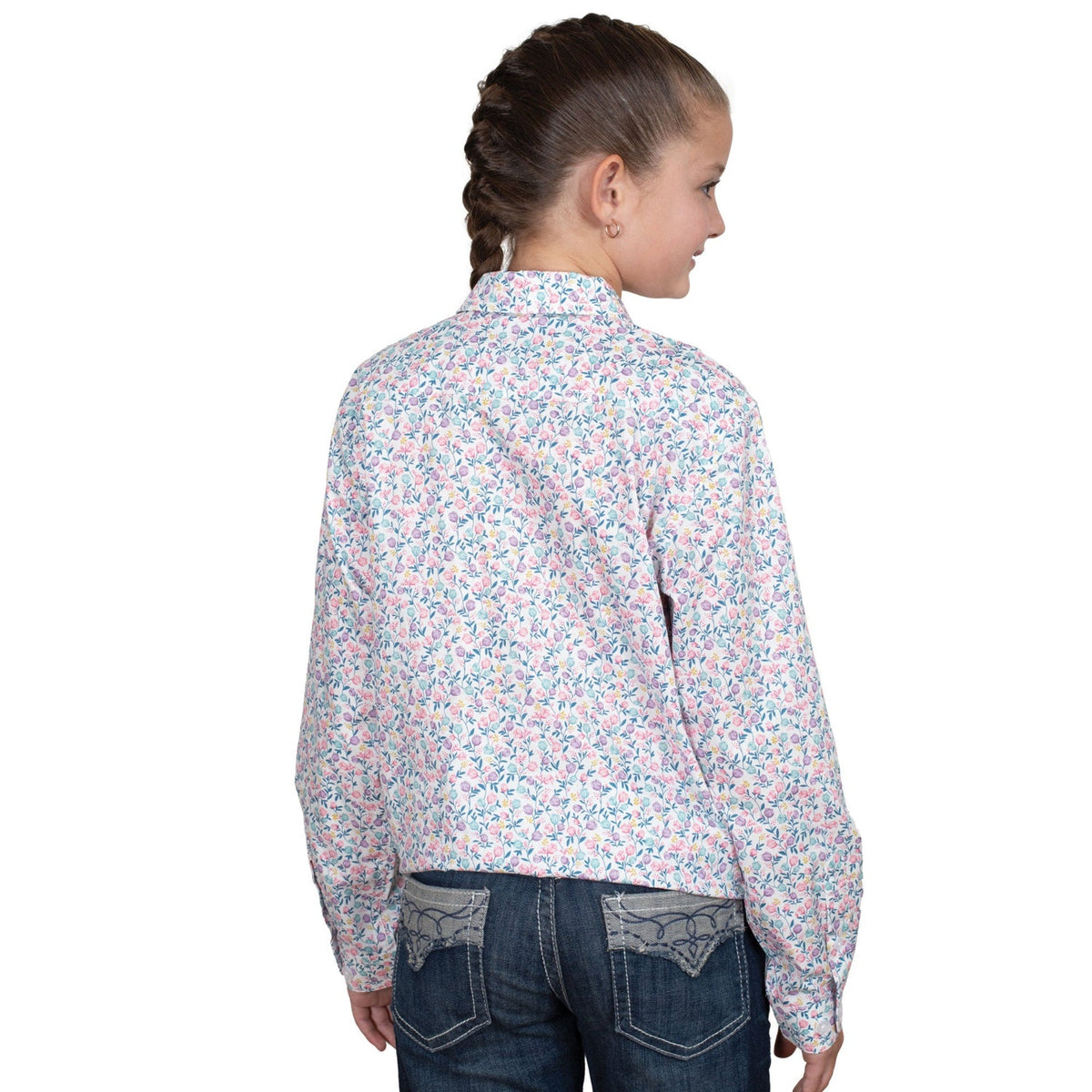 Just Country Girl’s Harper Half Button Print Work Shirt - White Tulips