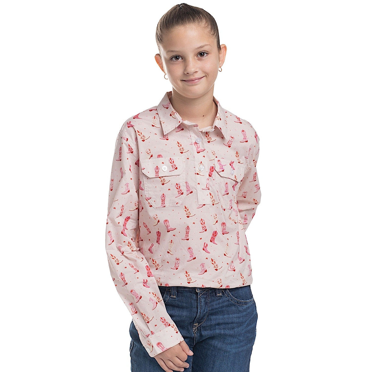 Just Country Girl’s Harper Half Button Work Shirt - Baby Pink Boots