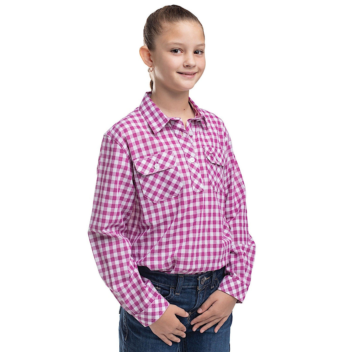 Just Country Girl’s Harper Half Button Work Shirt - Magenta/White Check