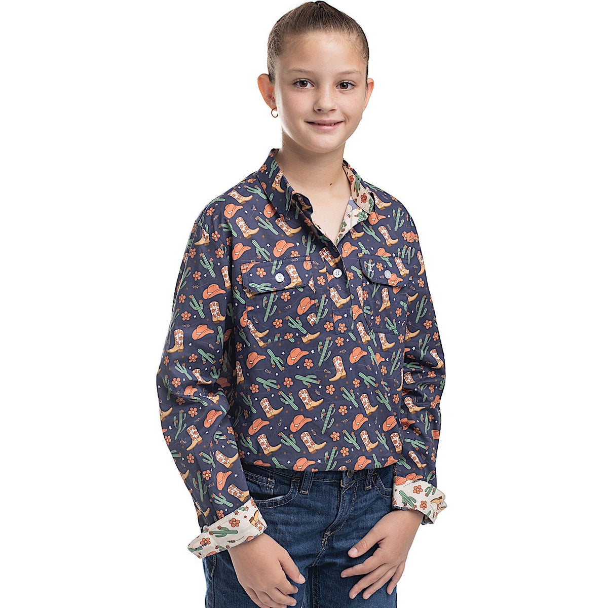 Just Country Girl’s Harper Half Button Work Shirt - Navy Western Boots Print