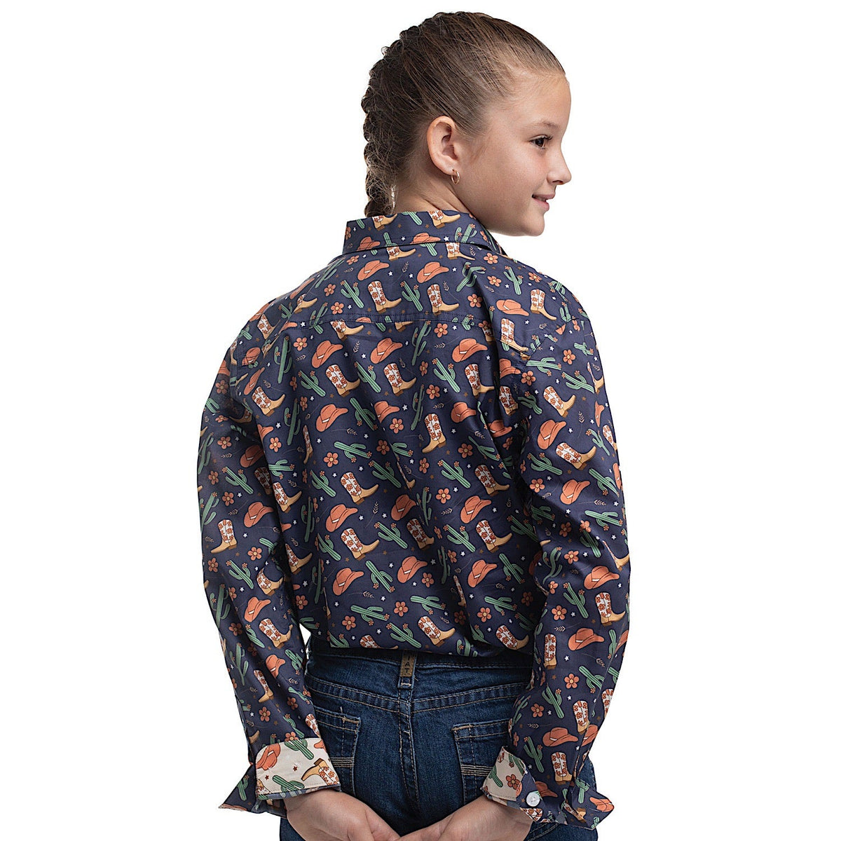 Just Country Girl’s Harper Half Button Work Shirt - Navy Western Boots Print