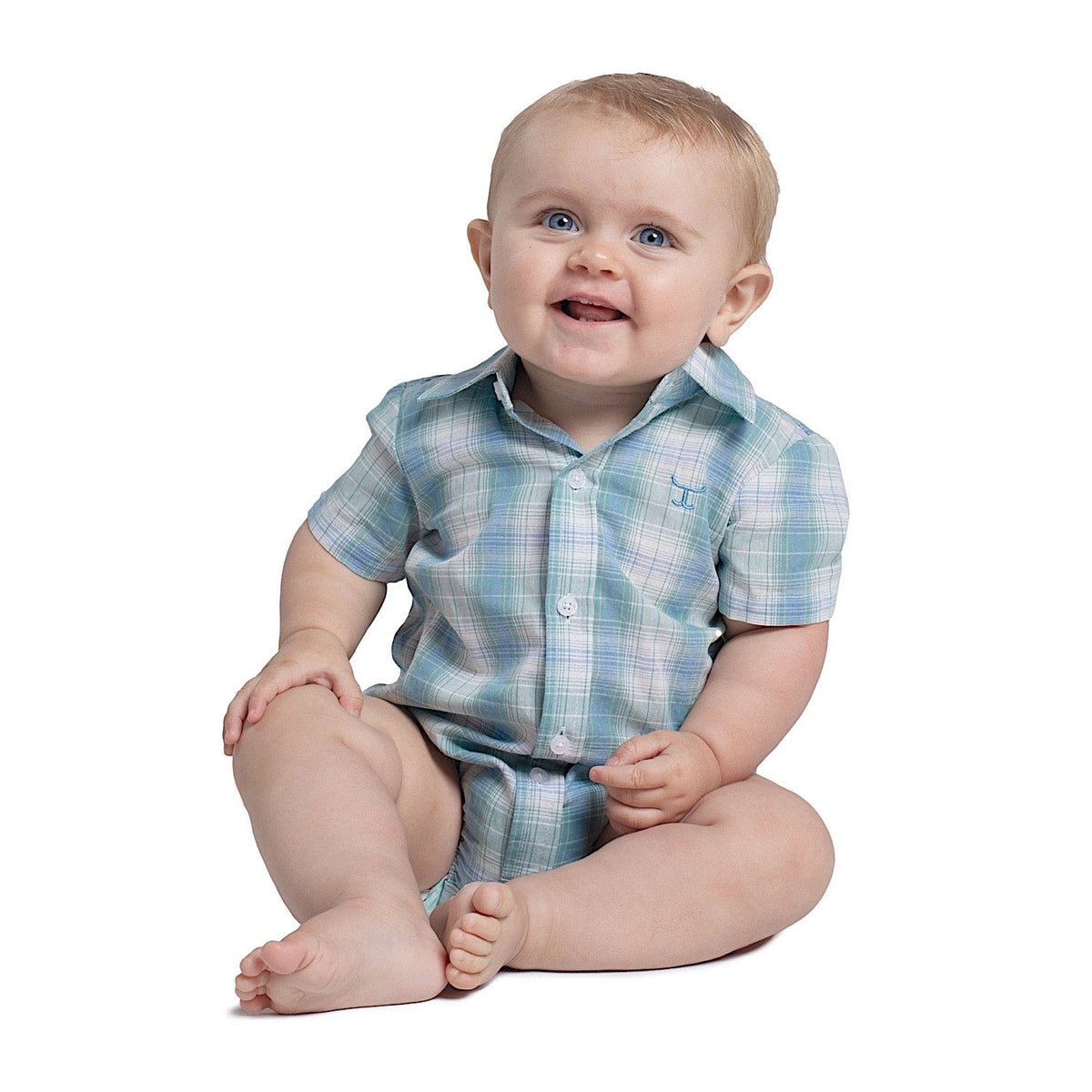 Just Country Infant Frankie Short Sleeve Full Button Check Jumpsuit - Lemon Daisies