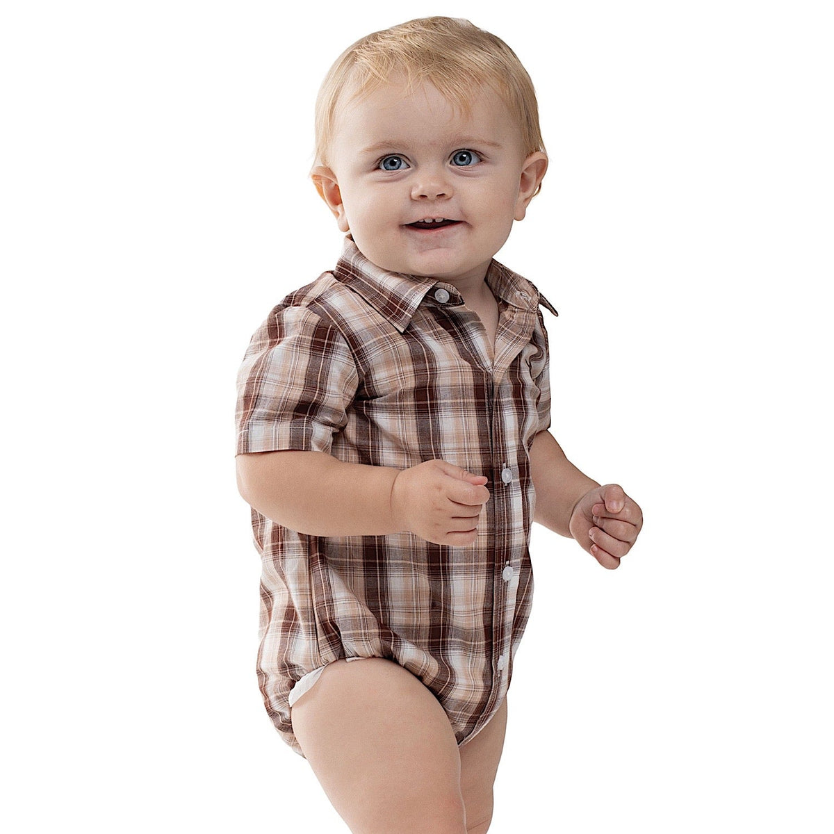 Just Country Infant Frankie Short Sleeve Full Button Jumpsuit - Tan/Chocolate/White Plaid