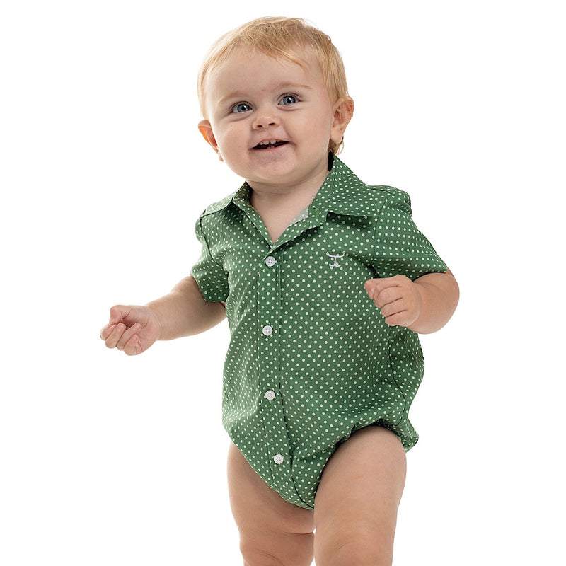 Just Country Infant Frankie Short Sleeve Full Button Jumpsuit - Eucalyptus / White Mini Spots