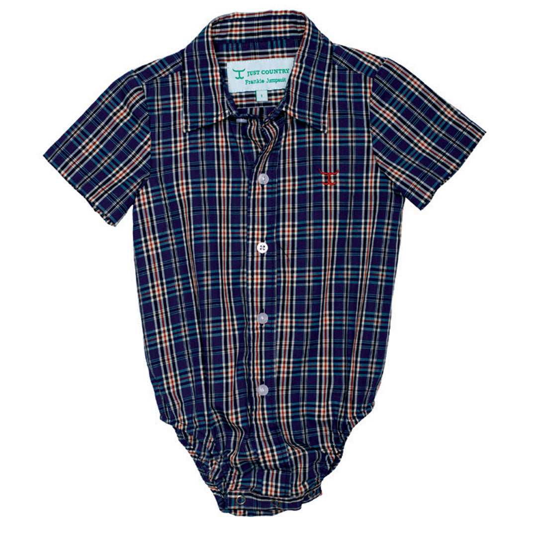 Just Country Infant Frankie Short Sleeve Full Button Jumpsuit - Cobalt/Rust Plaid
