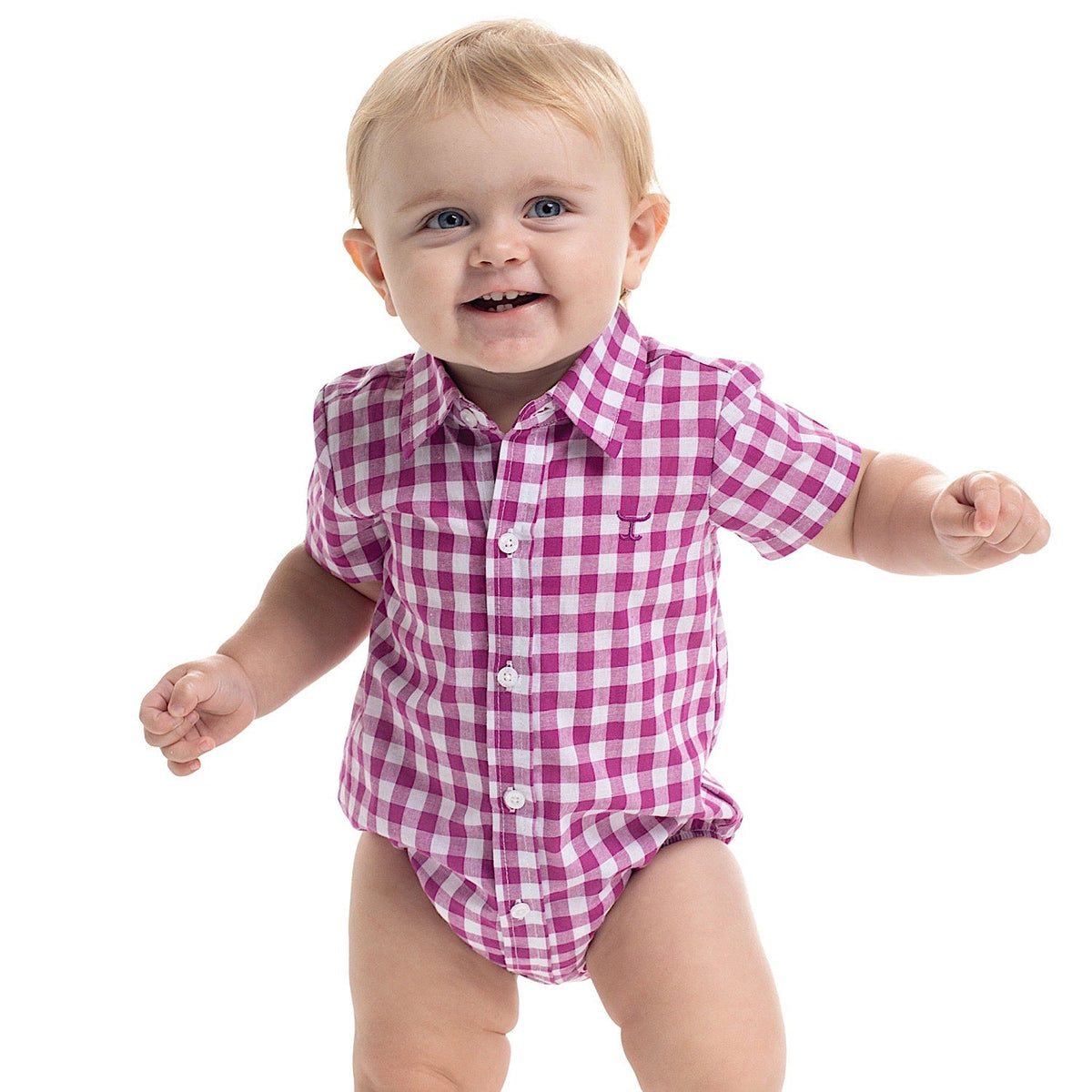 Just Country Infant Frankie Short Sleeve Full Button Jumpsuit - Magenta/White Check