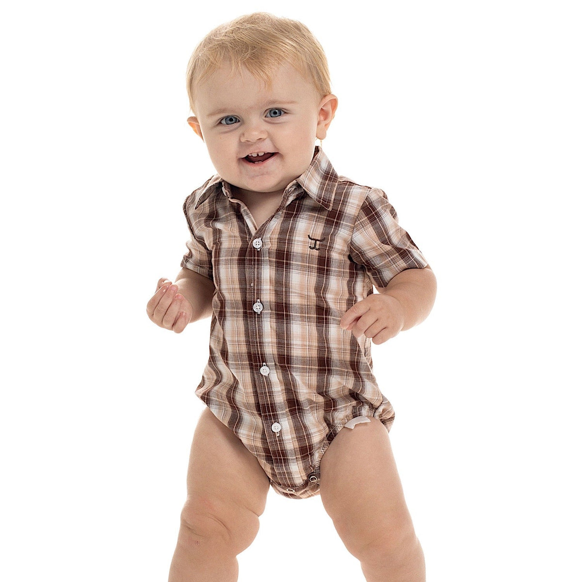 Just Country Infant Frankie Short Sleeve Full Button Jumpsuit - Tan/Chocolate/White Plaid