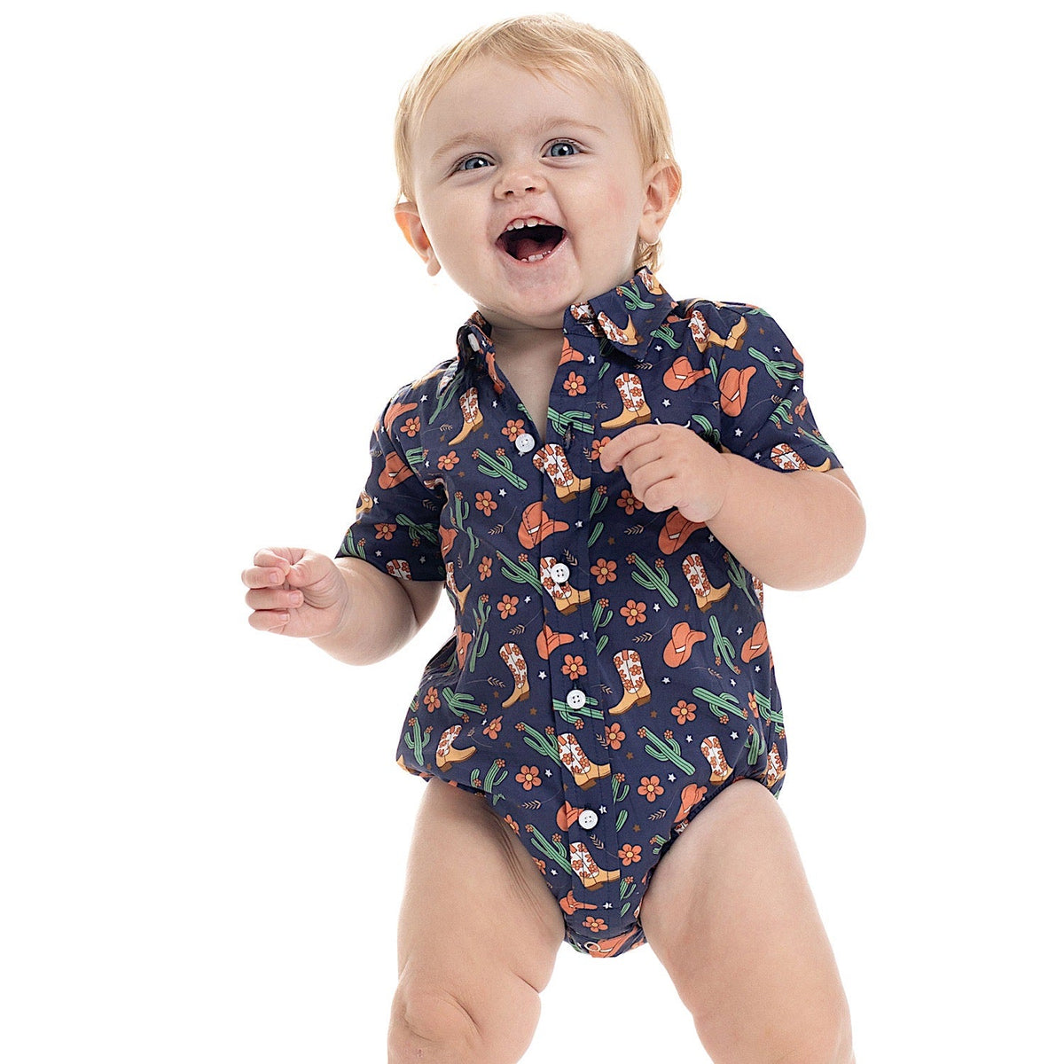 Just Country Infant Frankie Short Sleeve Full Button Jumpsuit - Navy Western Boots Print