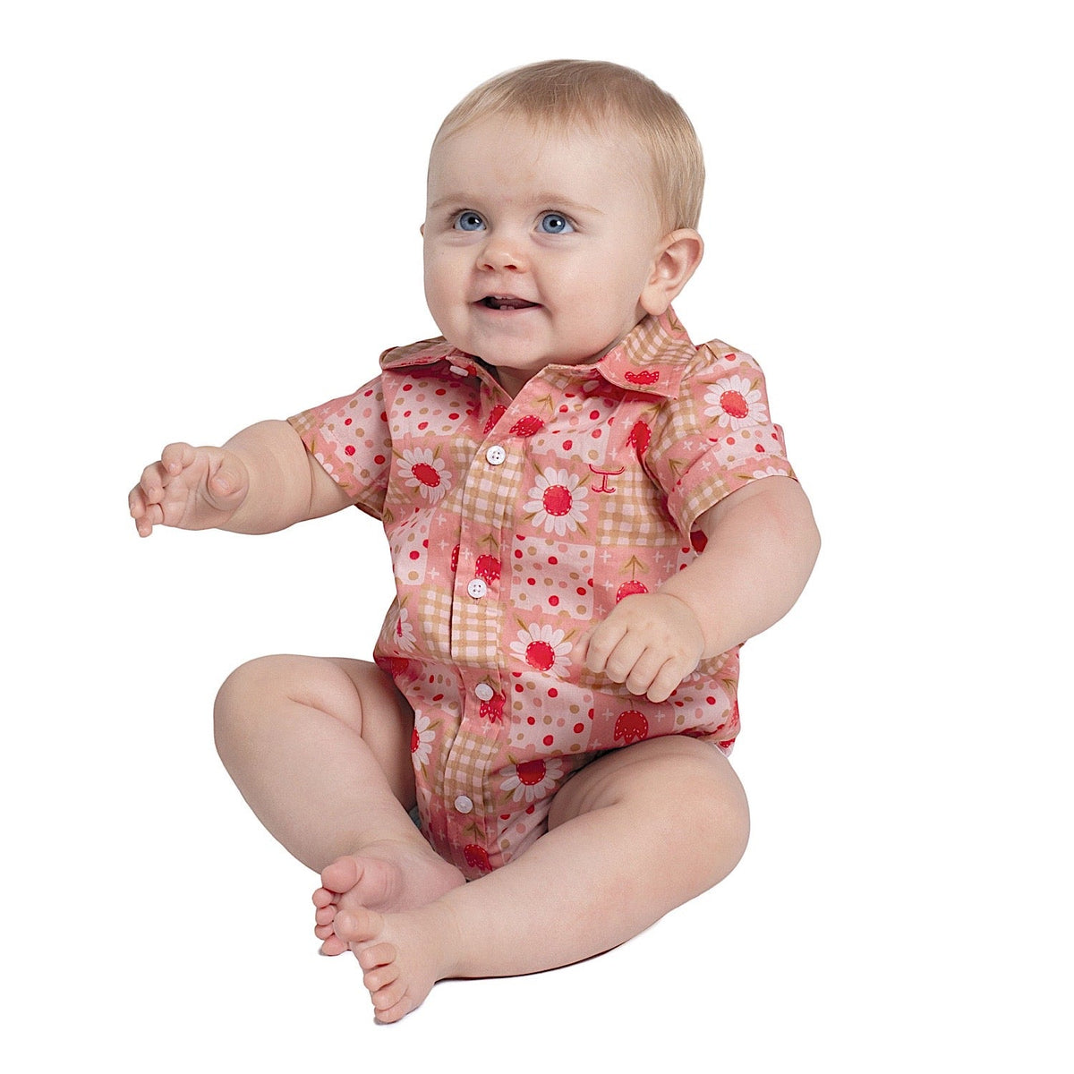 Just Country Infant Frankie Short Sleeve Full Button Plaid Jumpsuit - Peach Daisies
