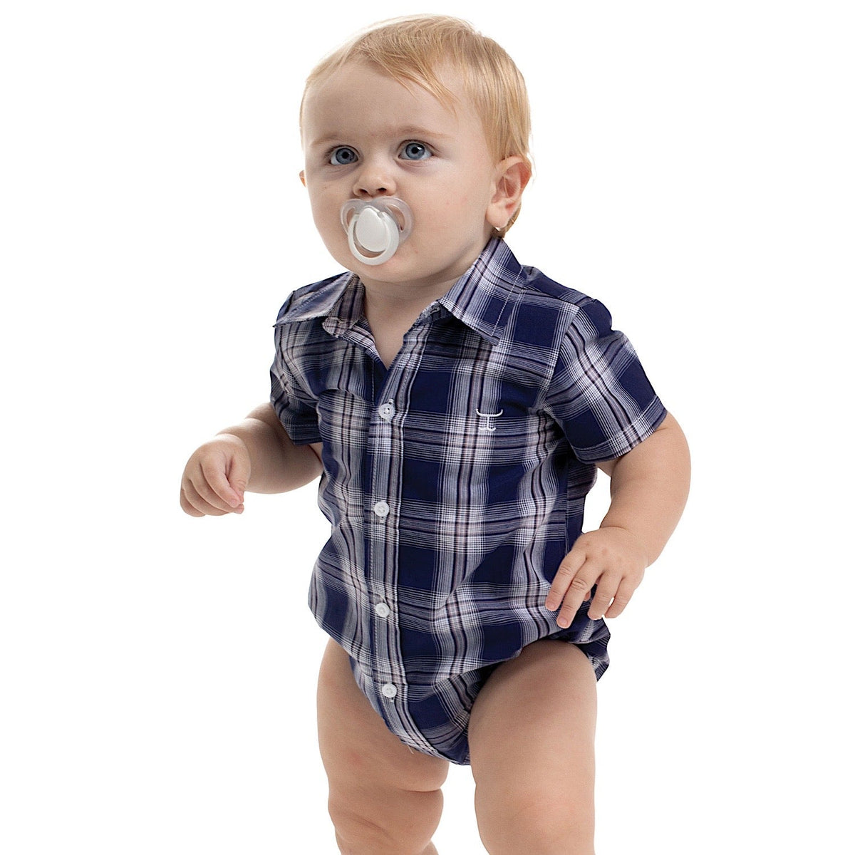 Just Country Infant Frankie Short Sleeve Full Button Plaid Jumpsuit - Navy & White
