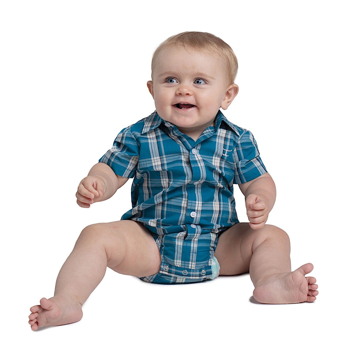 Just Country Infant Frankie Short Sleeve Full Button Plaid Jumpsuit - Plaid Petrol