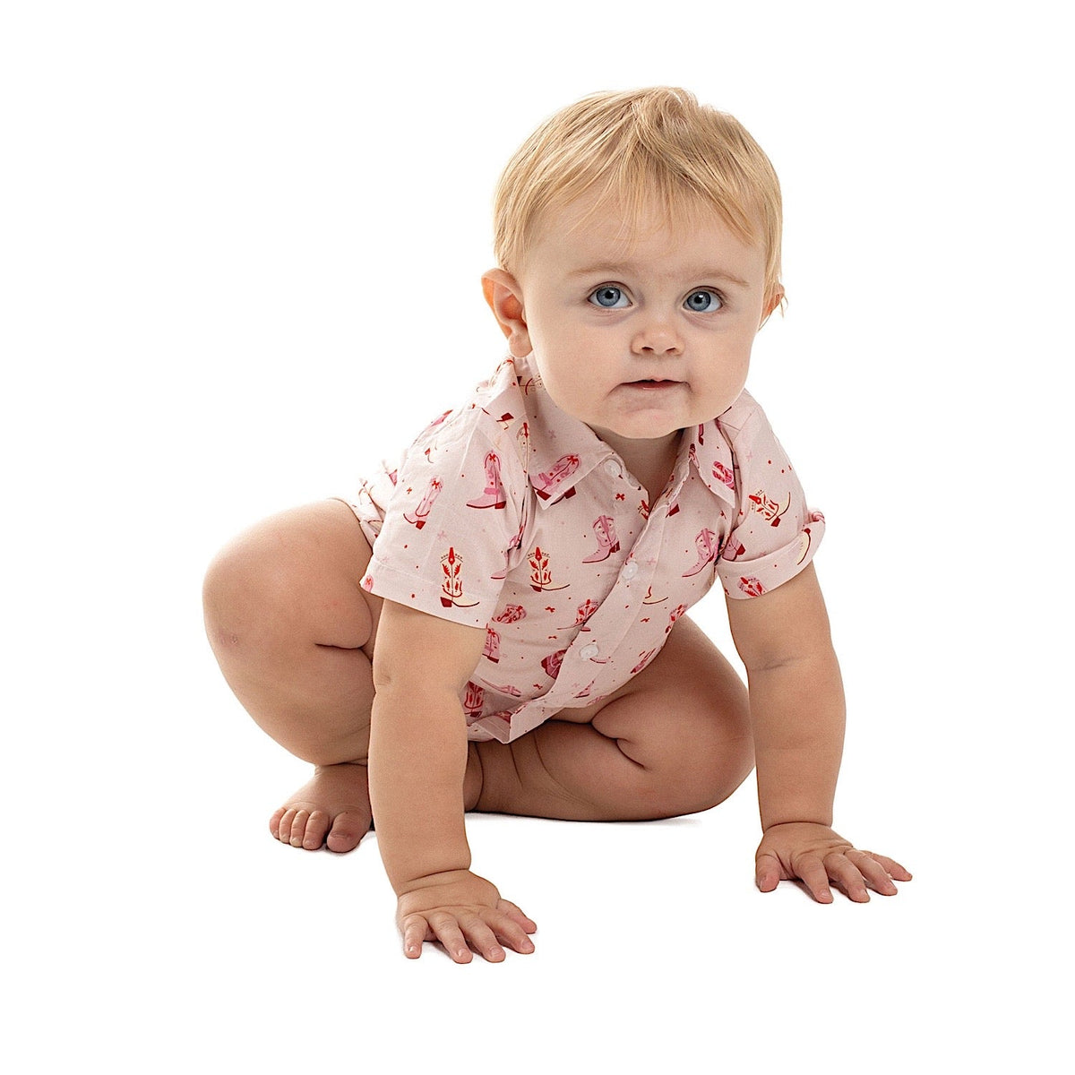 Just Country Infant Frankie Short Sleeve Full Button Print Jumpsuit - Baby Pink Boots