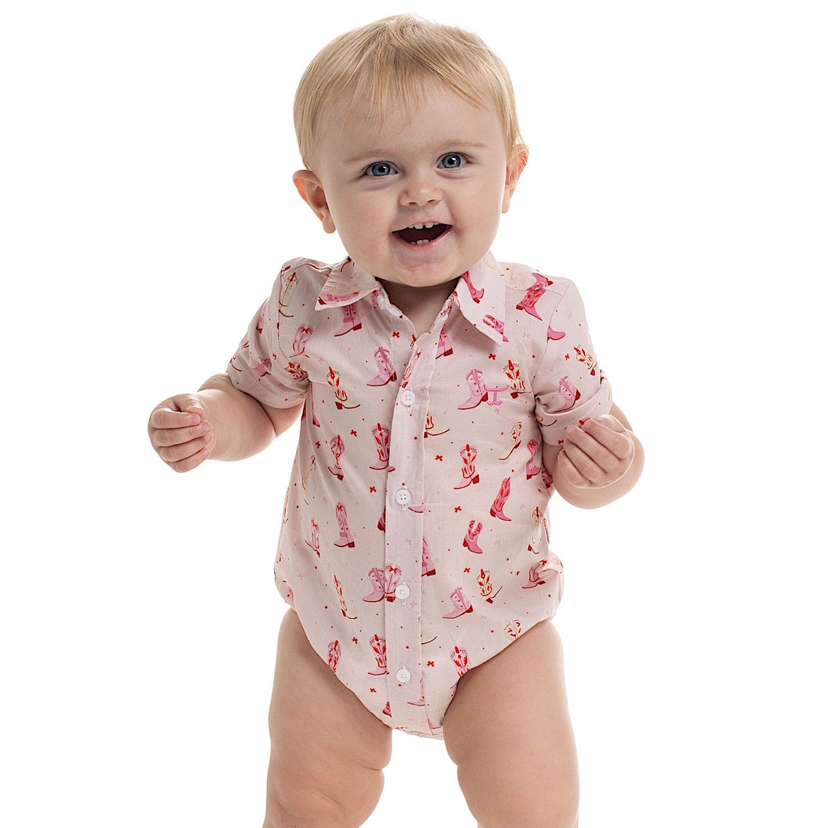 Just Country Infant Frankie Short Sleeve Full Button Print Jumpsuit - Baby Pink Boots