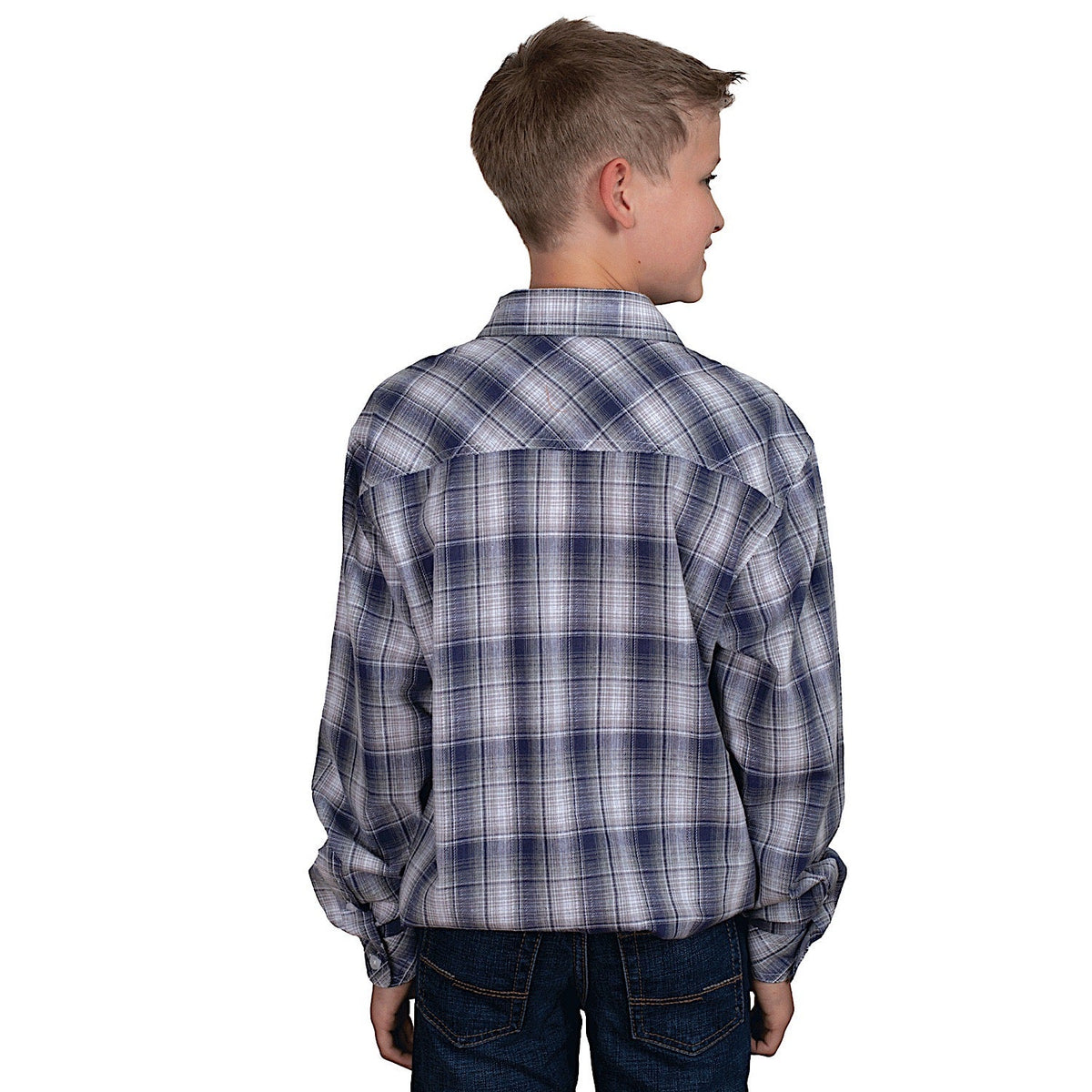 Just Country Kid’s Brayden Half Button Print Work Shirt - Admiral Blue/Slate Check