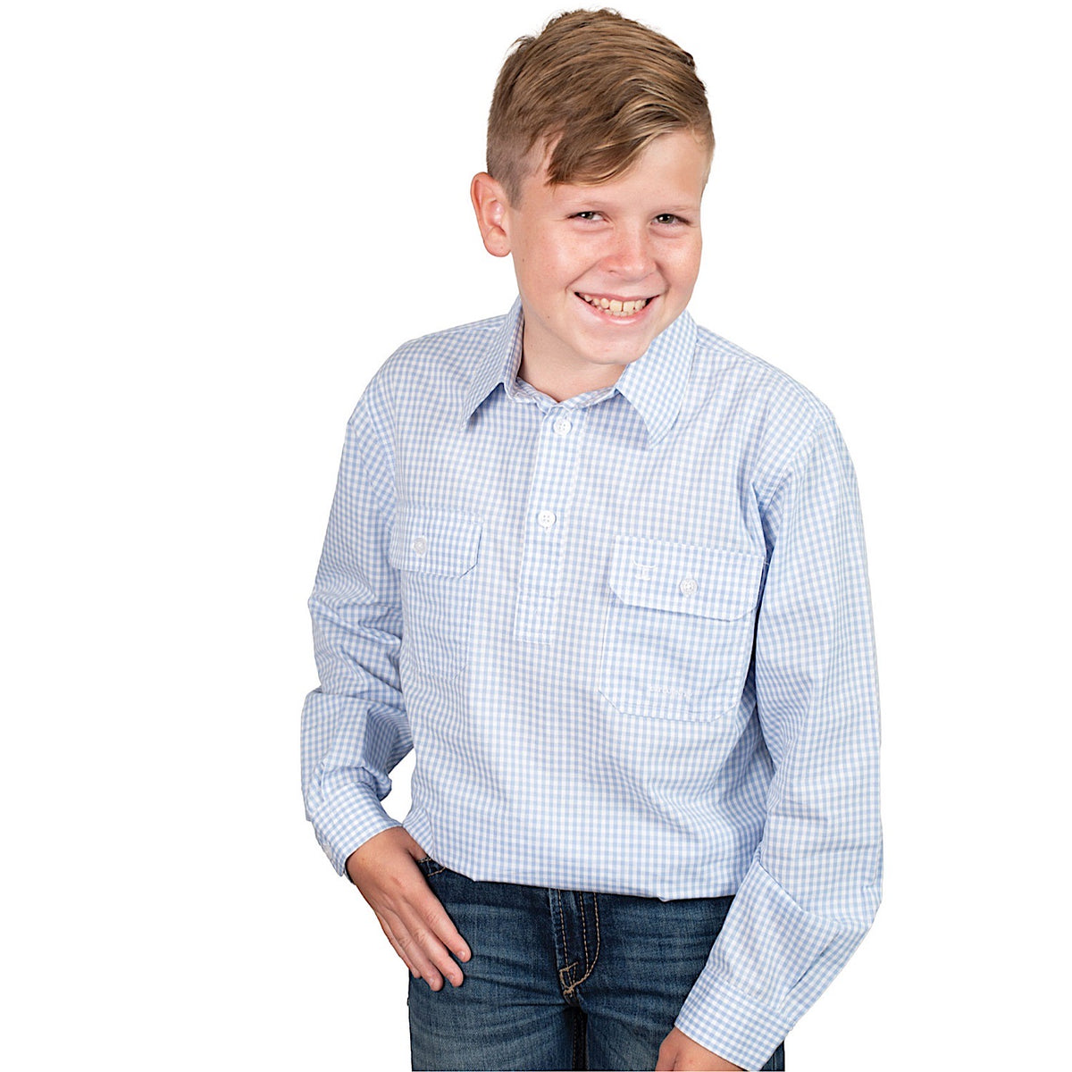 Just Country Kids Brayden Half Button Print Work Shirt - Dusty Blue Mini Check
