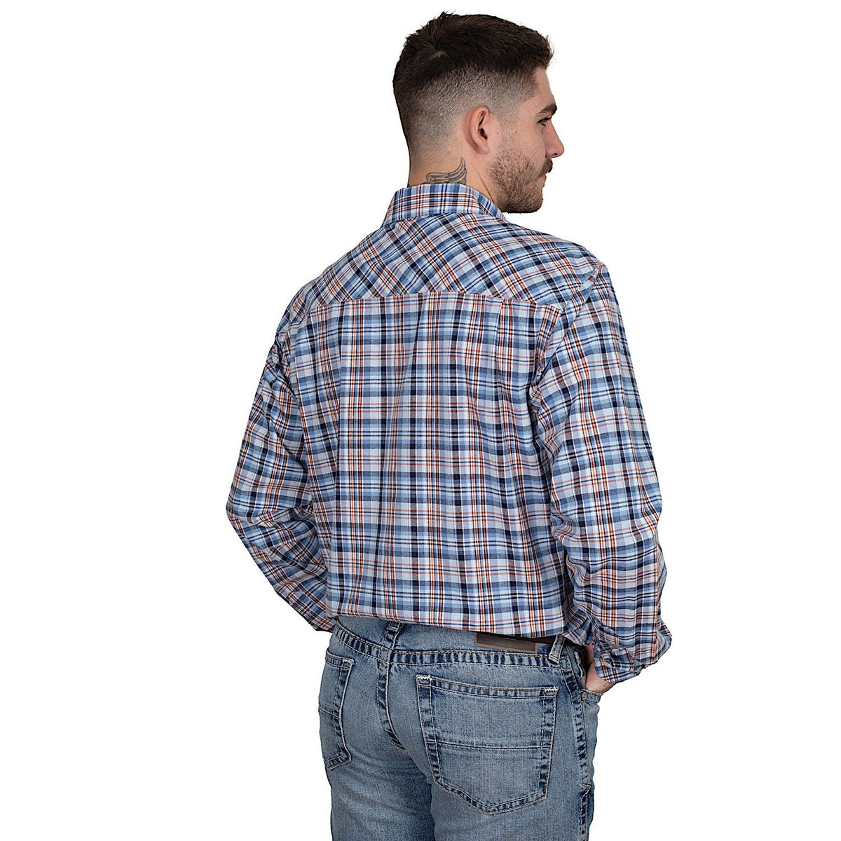 Just Country Men’s Austin Full Button Print Workshirt - Blue/Navy/Orange Plaid
