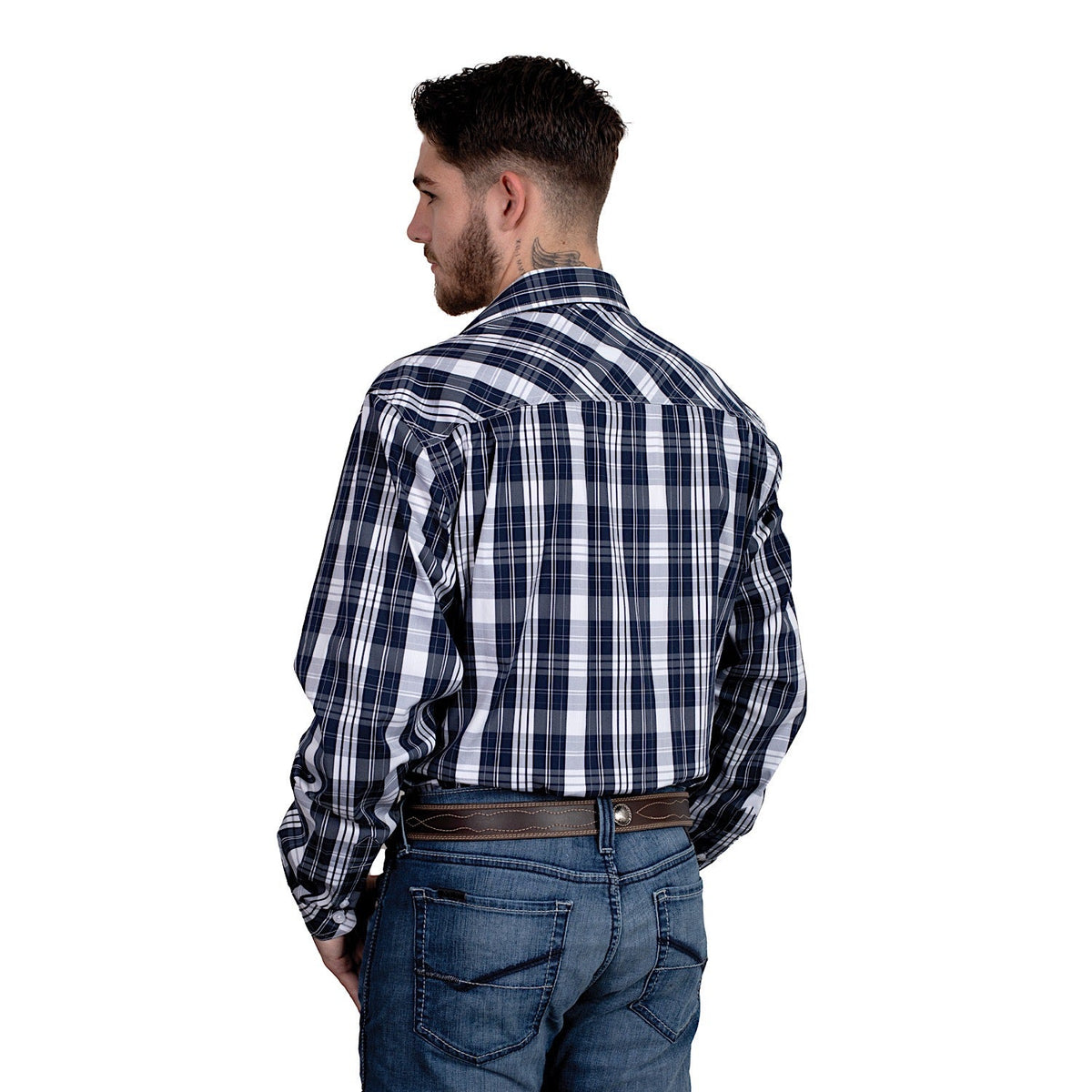 Just Country Mens Austin Full Button Print Workshirt Navy/White Plaid