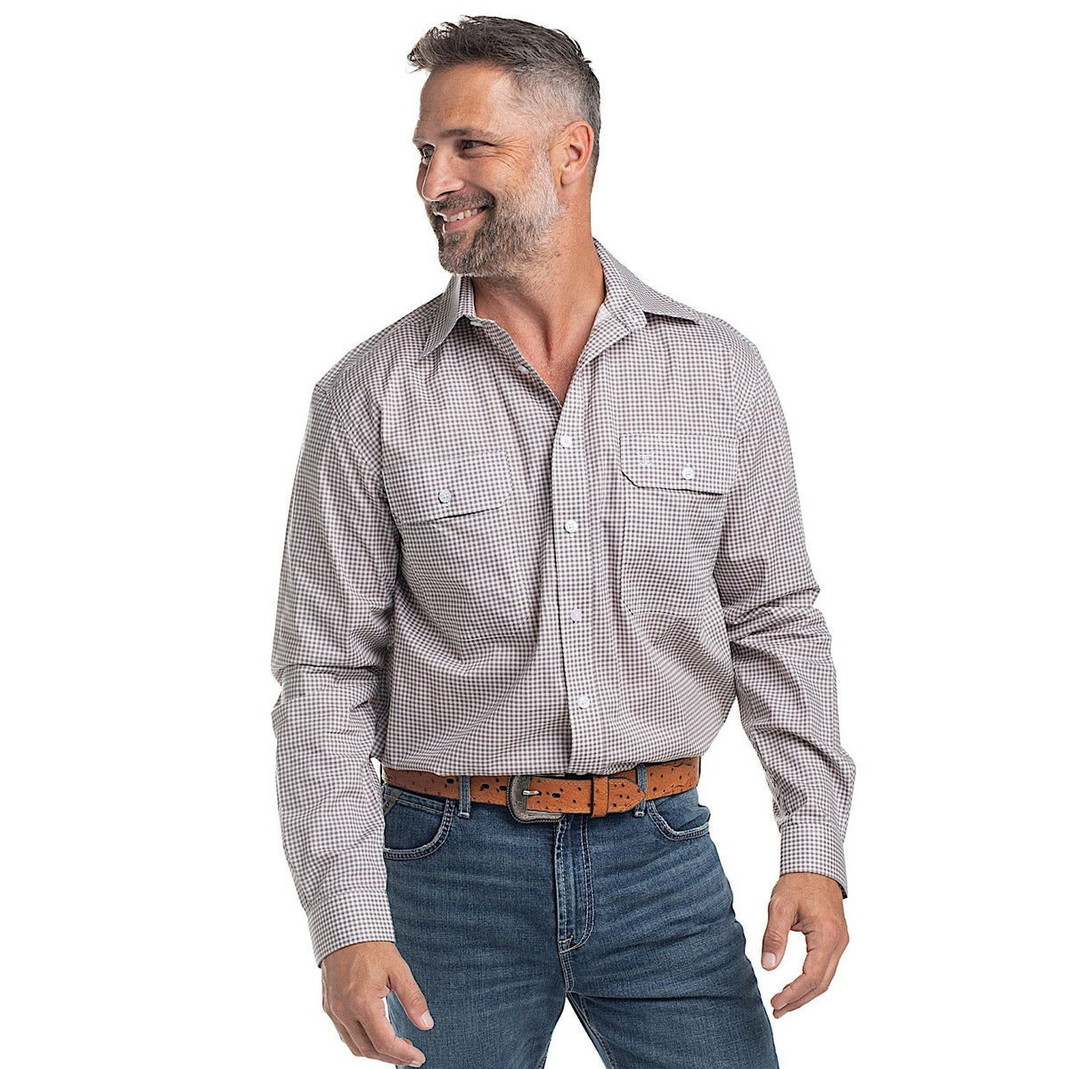 Just Country Men’s Austin Full Button Print Workshirt - Smoke Grey/White Mini Check