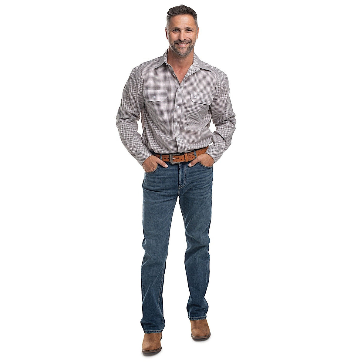 Just Country Men’s Austin Full Button Print Workshirt - Smoke Grey/White Mini Check