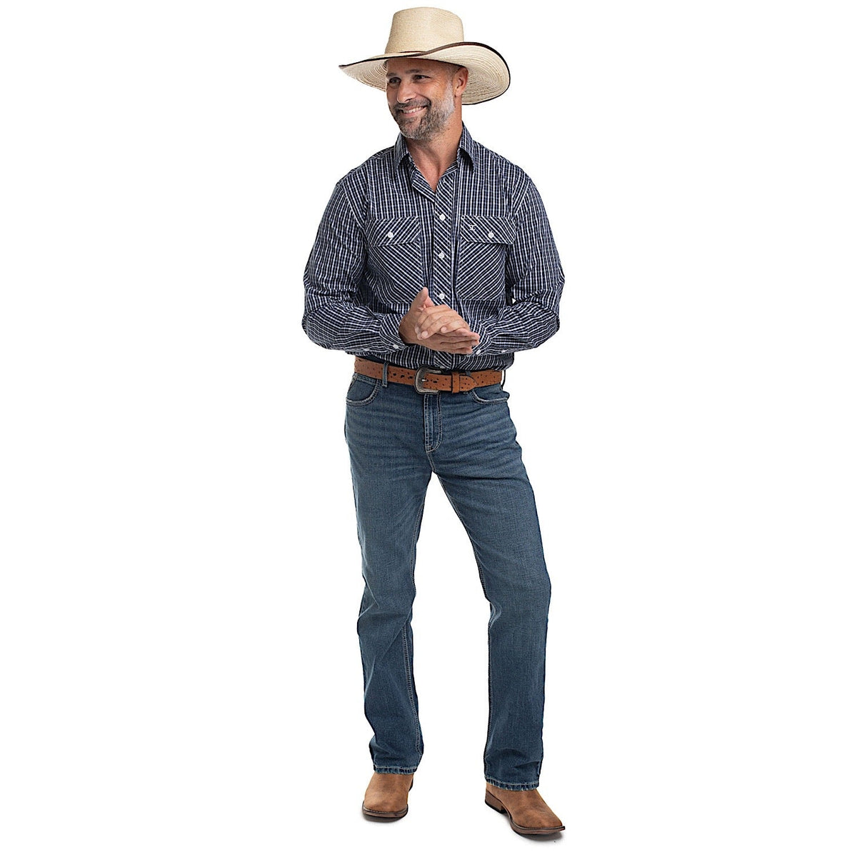 Just Country Men’s Austin Full Button Print Workshirt - White/Navy/Grey Check