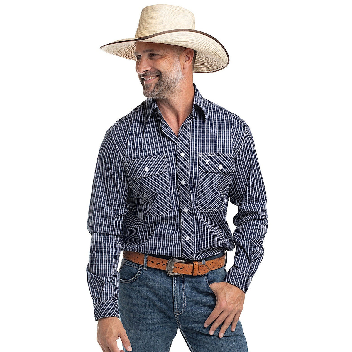 Just Country Men’s Austin Full Button Print Workshirt - White/Navy/Grey Check